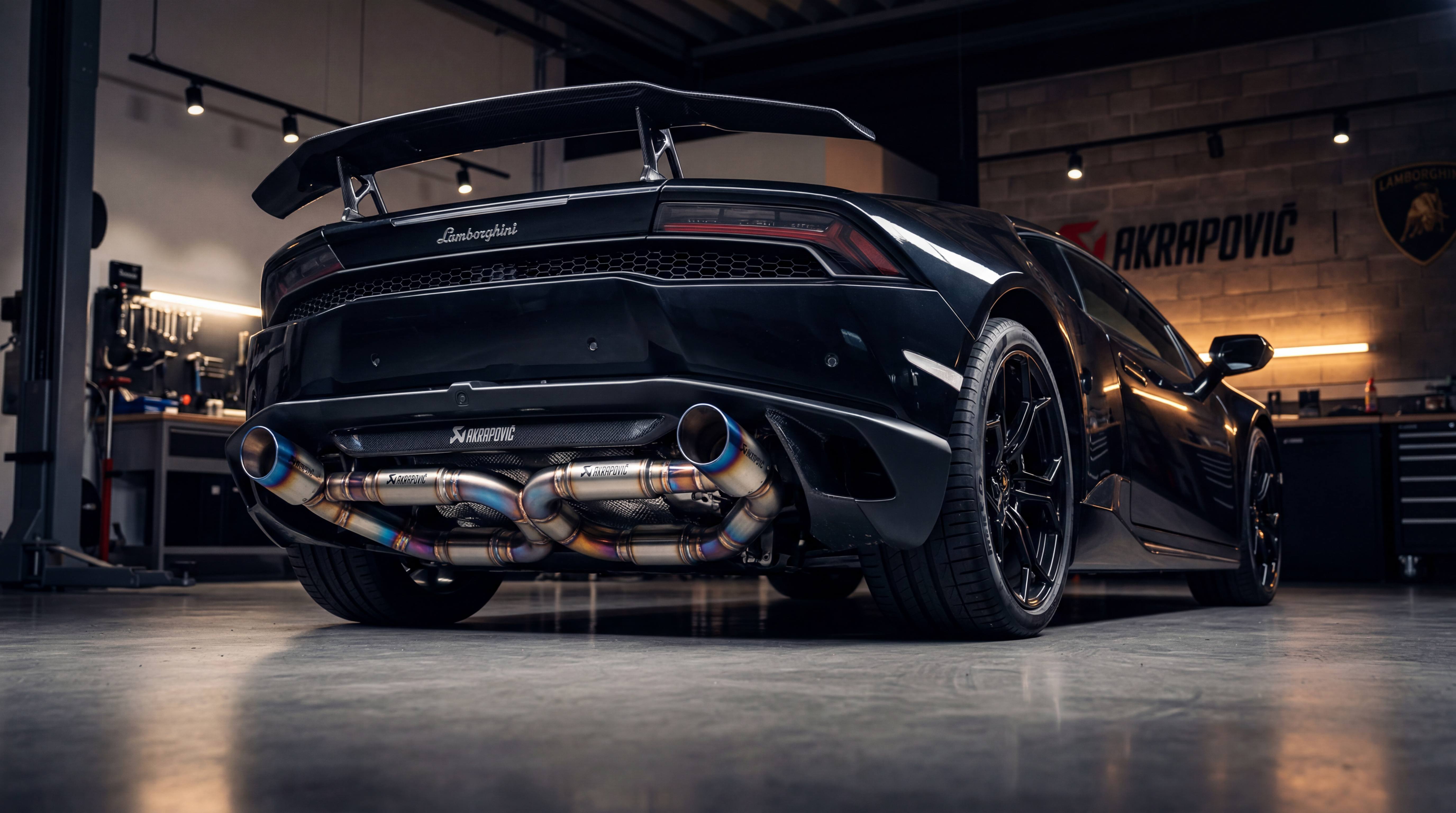 Performance exhaust system rear view with upgraded tailpipes and stainless steel exhaust routing